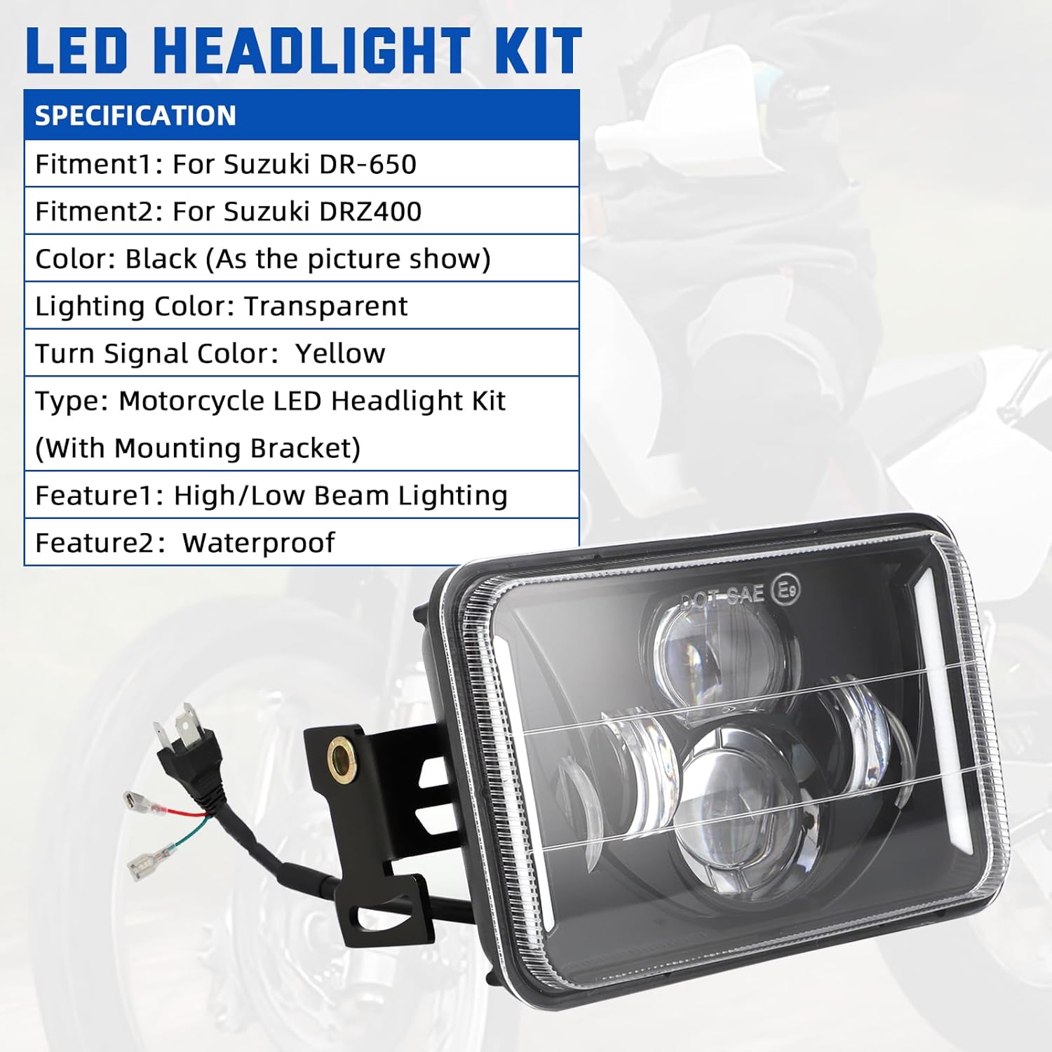 4x6 LED Headlights Kit with Bracket Compatible with Suzuki DR-650 & DRZ400, Motorcycle Brightness Headlight Replacement With Mounting Hardware High & Low Beam