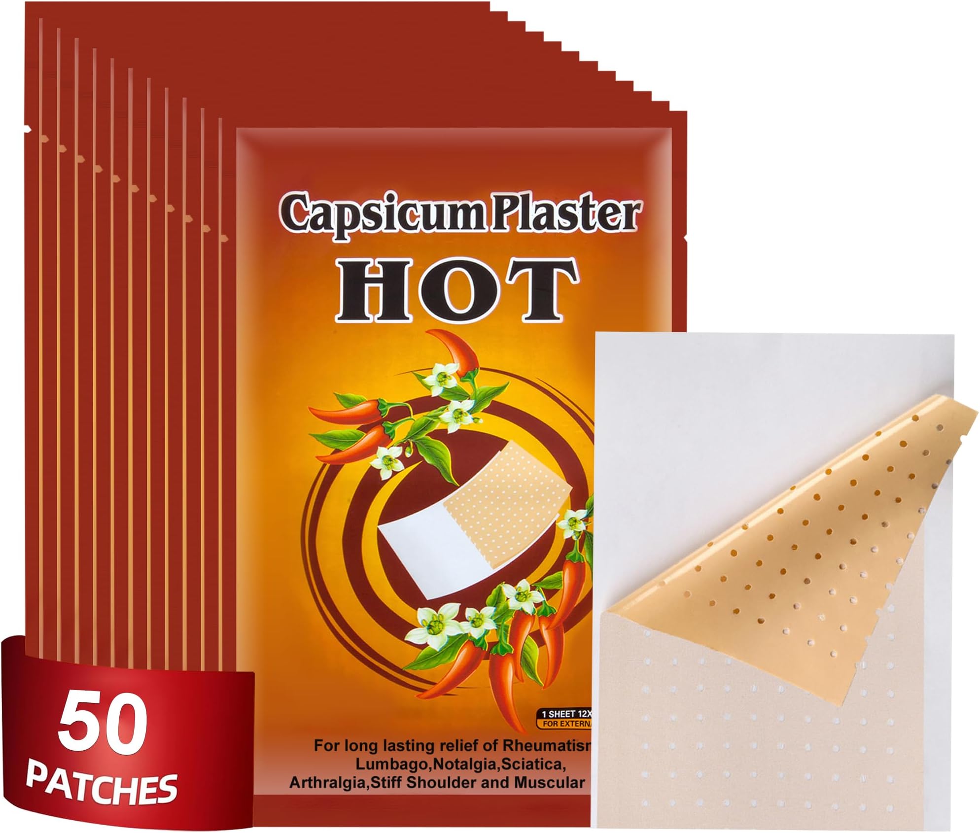 KONGDY 50 PcsHot Therapy Capsicum Patch,Made from Chili Pepper Extract,Pain Relief Patch,Pain Patches Wrist Arthritis Patch,12x18cm Hot Capsicum Plaster,Back Patches for Pain Relief,Pain Patch