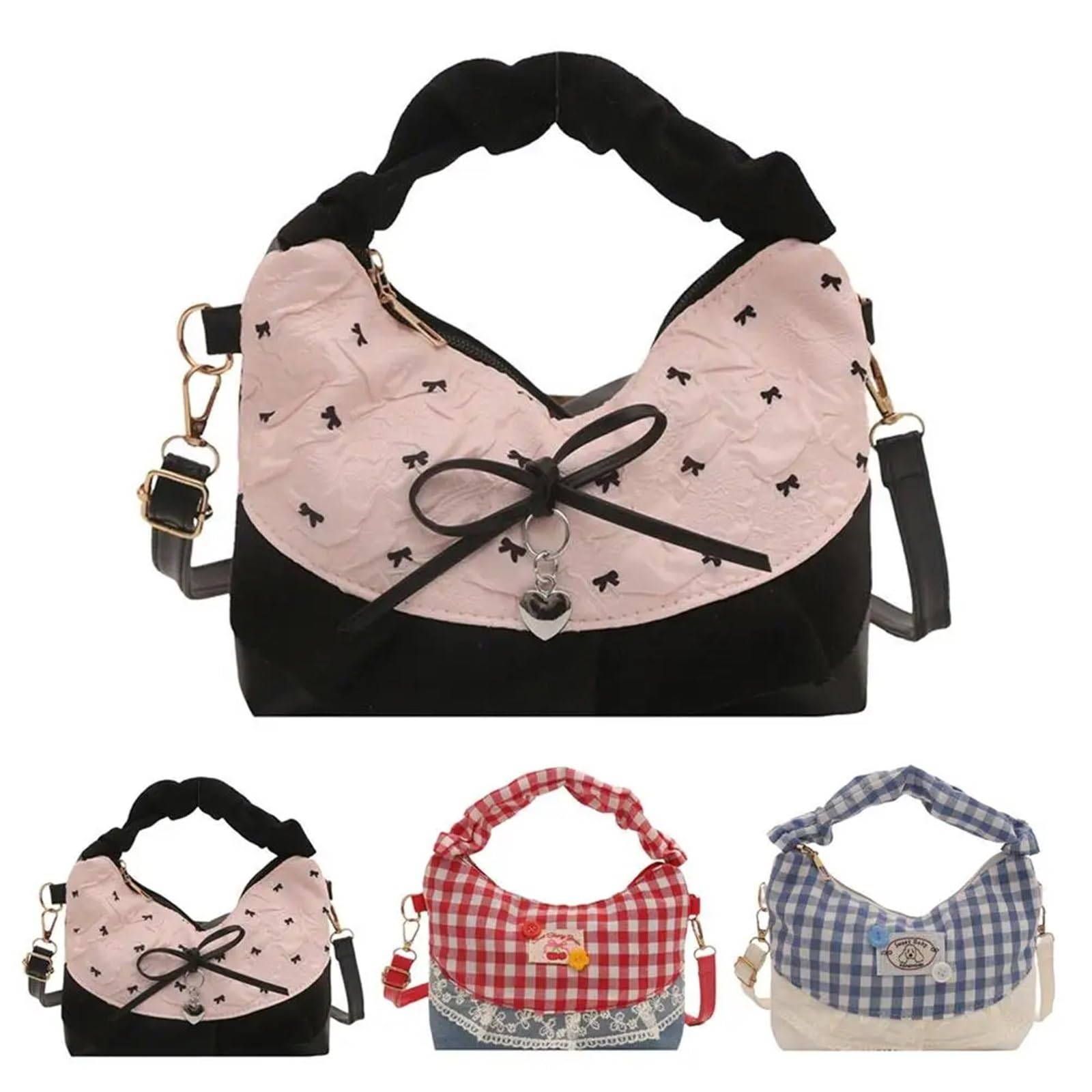 Kleine, vielseitige, süße, Canvas-Umhängetasche, Umhängetasche, Spitze, kariertes Patchwork, Handtasche, Schleife unter dem Arm
