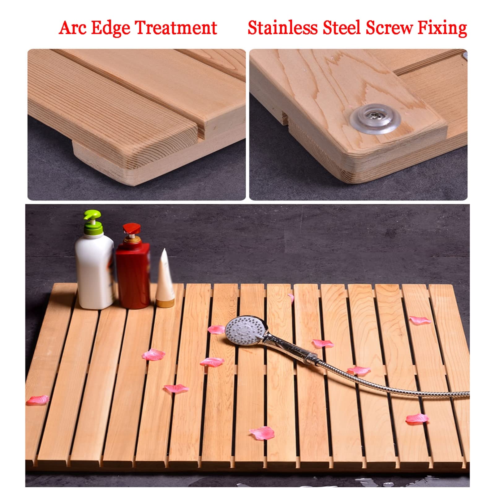 Pedana Doccia in Legno, Tappetini da Bagno in Legno Antiscivolo con Design A Doghe per Vasca da Bagno Interna/Esterna, Doccia, Sauna, Piscina O Vasca Idromassaggio,75x90cm/30x36in