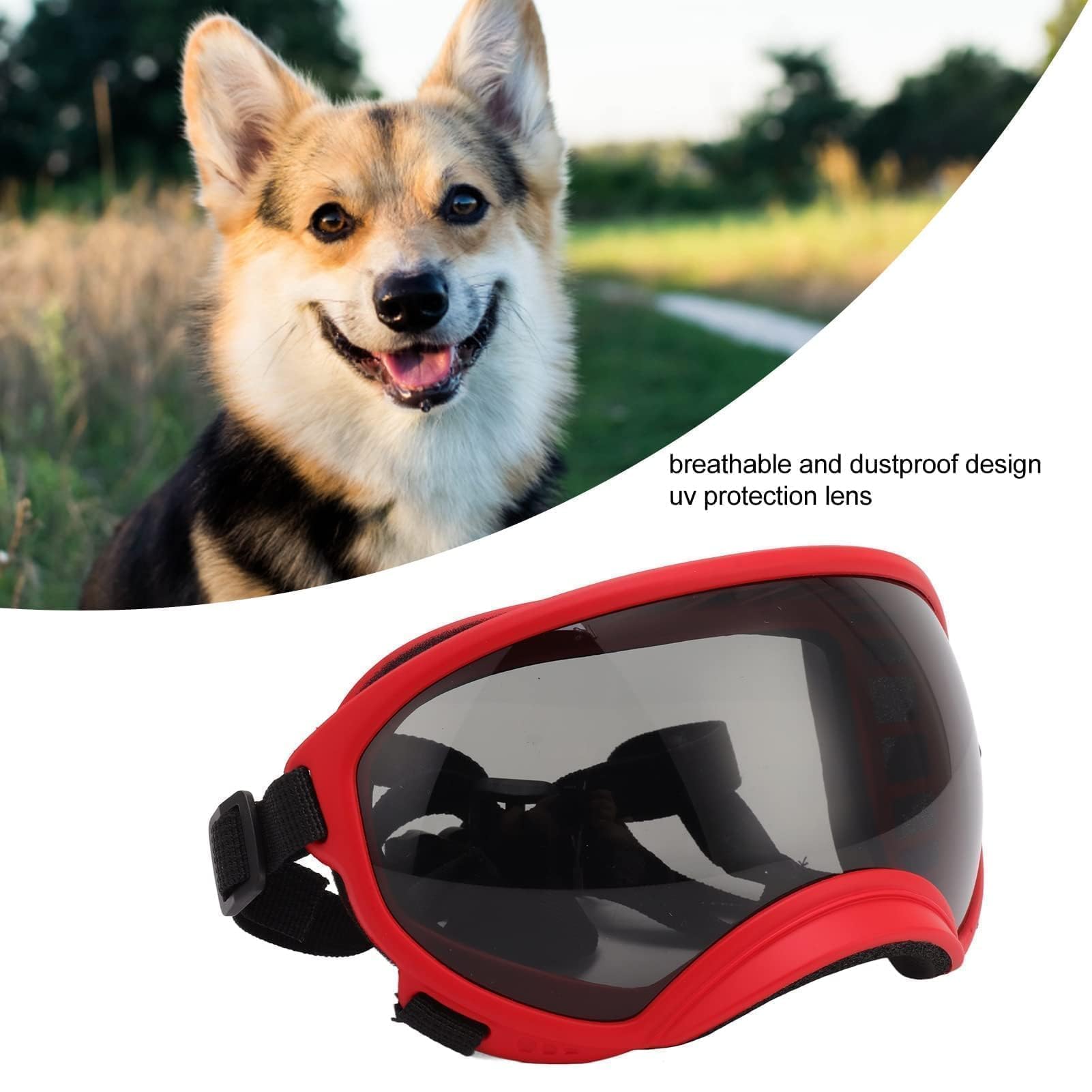 VBESTLIFE Gafas para Perros, a Prueba de Viento y Rayos Ultravioleta, Correa Ajustable, Gafas de Sol Duraderas para Perros Grandes (Montura Roja y Gafas Negras)