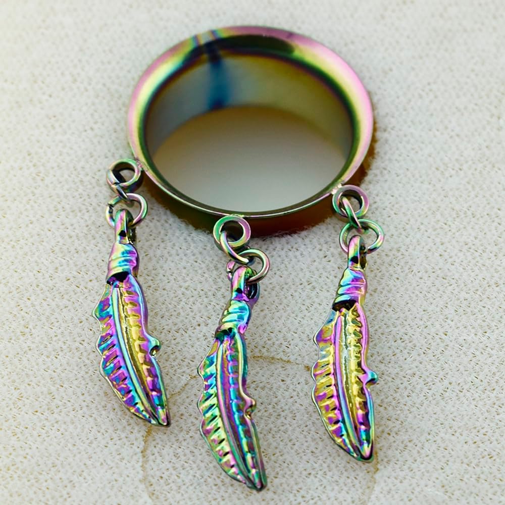 Rainbow Anodized Triple Leaf Dangling 316L Surgical Steel Double Flared Tunnel Gauge Ear Plug - Stretching - Gauge Ear Piercing Body Piercing Jewelry