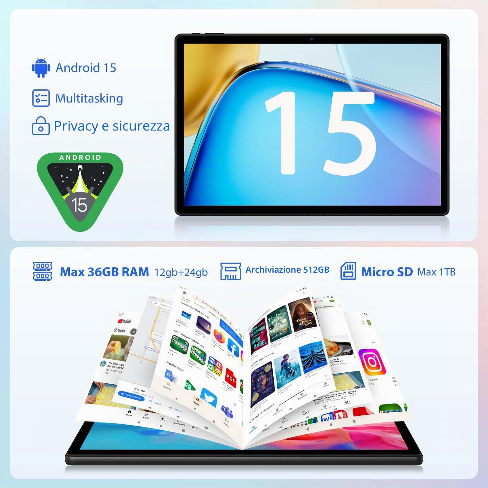 2.5K Android 15 Tablet 14 pollici, 36GB RAM+512GB ROM, 4G Lte Double SIM/5G WiFi, 2240 x 1400, 11580mAh, 4 altoparlanti, Octa-Core, 13MP+8MP, Tablet in offerta con Custodia/GPS (Blu)
