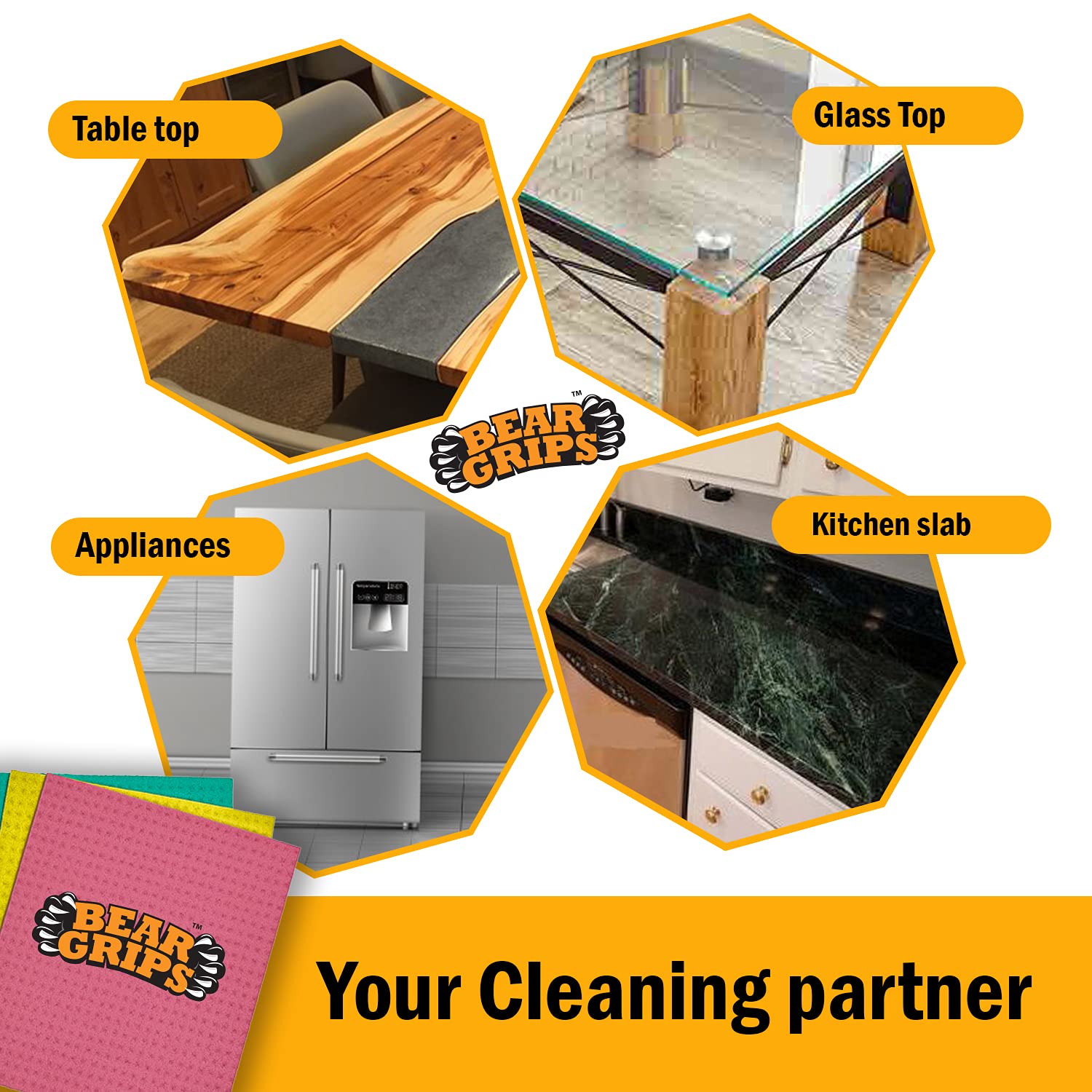 Bear Grips Kitchen and Home Cleaning (Multicrangi) Reteable and wash spongy wipes with super absorbing biodegradable cellulose content - pack of 6 Bear Grips Kitchen and Home Cleaning (Multicrangi) Reteable and wash spongy wipes with super absorbing biodegradable cellulose content - pack of 6