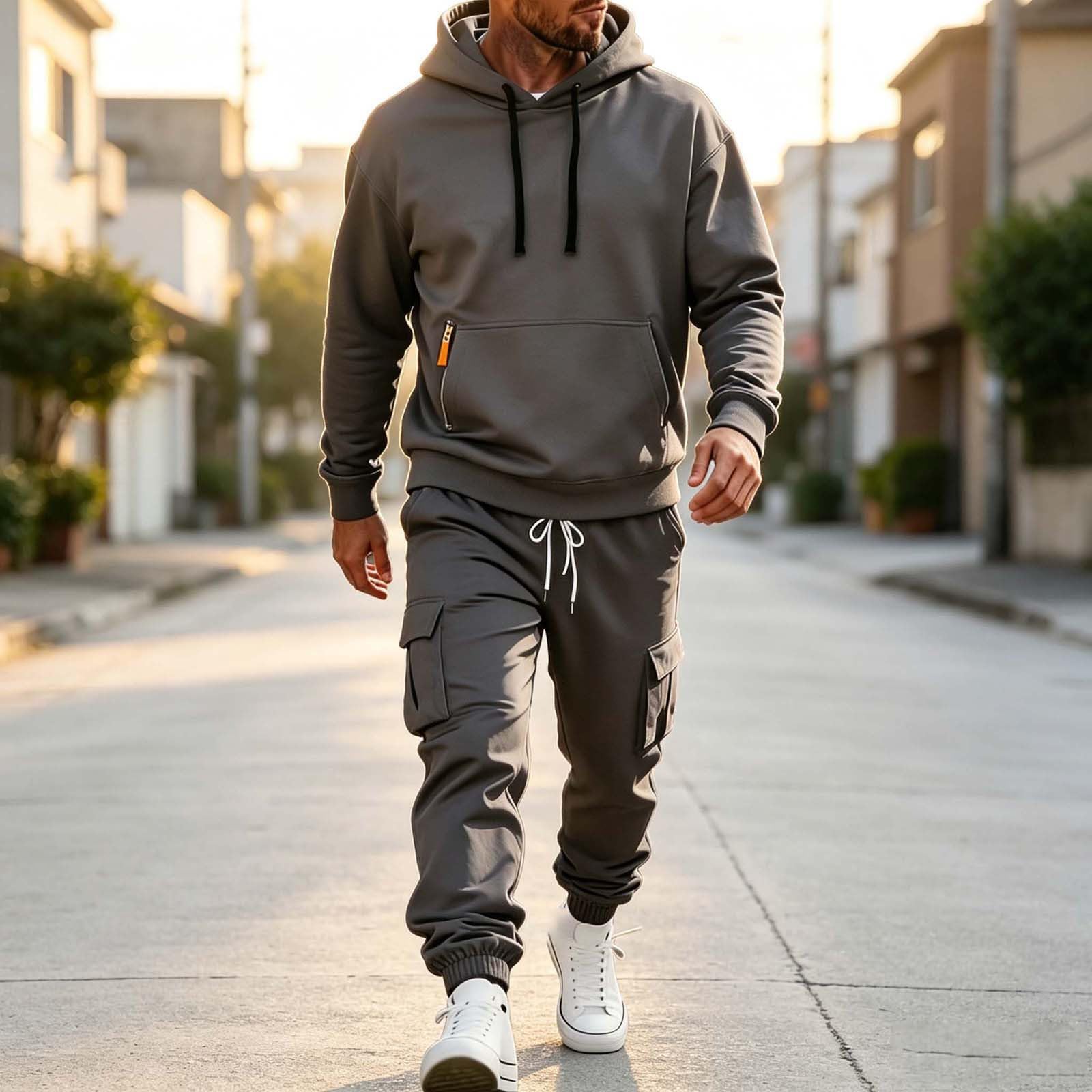 Tuta da jogging da uomo, in cotone, lunga, set da 2 pezzi, con felpa e pantaloni cargo, alla moda, alla moda, casual, streetwear, comoda tuta per il tempo libero