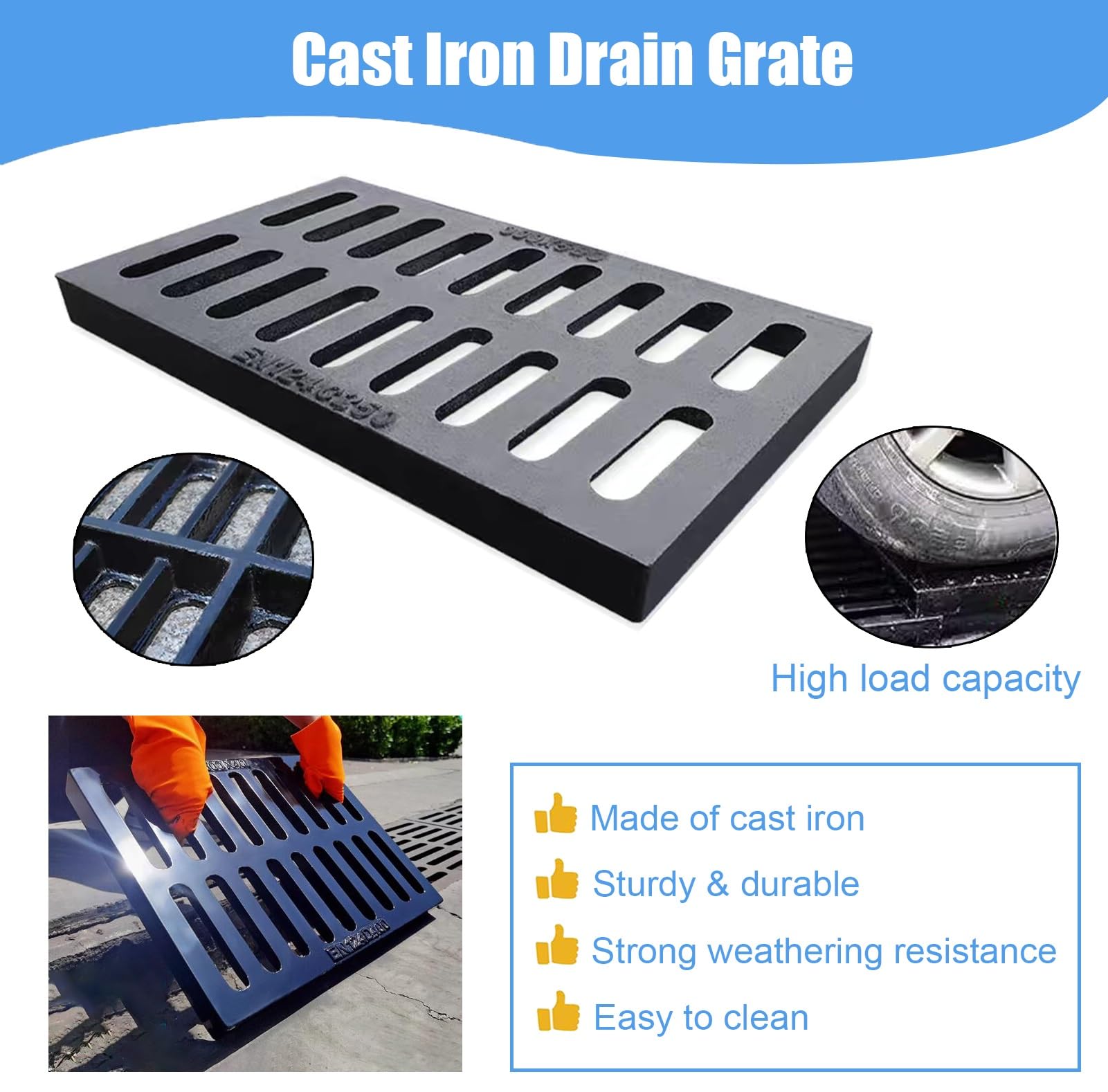 Caniveau Exterieur Grille de Drainage en Fonte Robuste pour Cour, Couvercle de Drain de Sol de Sous-sol Rectangulaire Durable, Grille de Drainage D'égout Amovible pour Bloquer Les Débris(50x30x3cm/19.