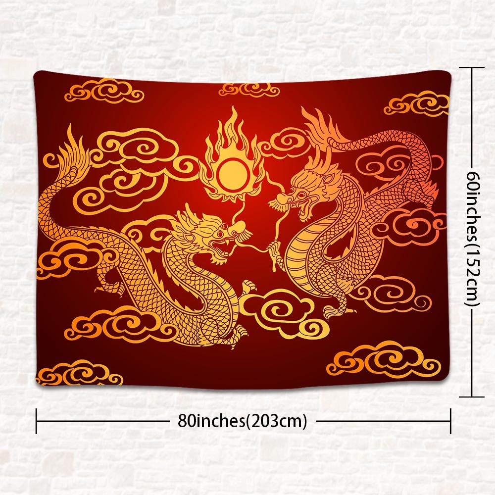 UHOMETAP Chinese Dragon Wall Tapestry - Red Golden Dragon Totem Wall Hanging - 80x60 Inches GTWYUH113