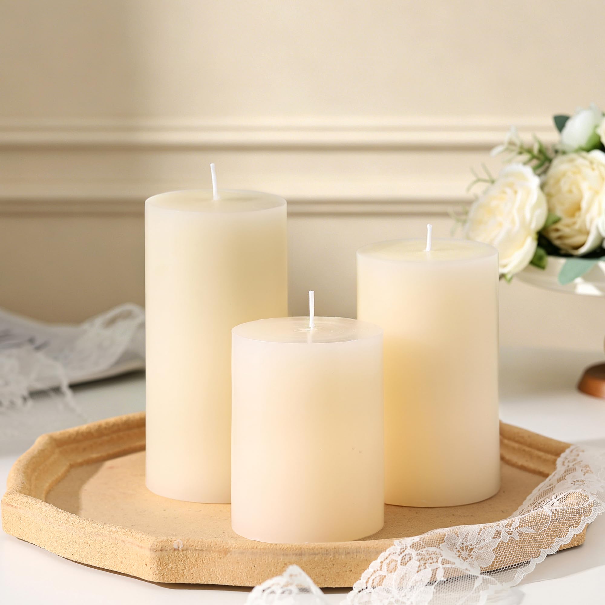 Pillar Candles Set of 3 - Hand-Poured Unscented Pillar Candle, Smokeless Decorative Candle for Home Decor Wedding, Candle Gifts for Women, Natural Plant Wax, Different Sizes, Ivory (4", 5", 6")
