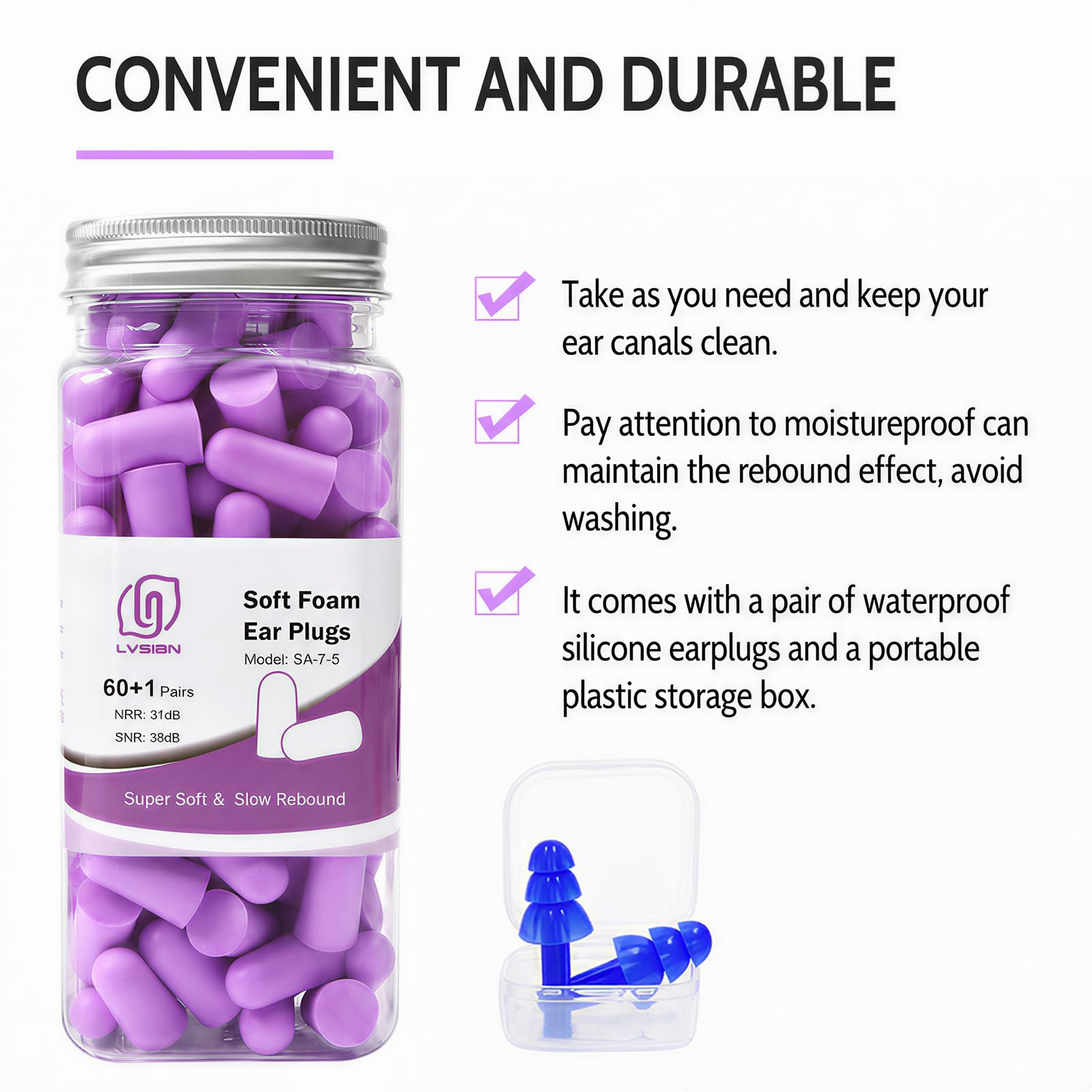 LYSIAN Soft Foam Ear Plugs for Sleeping, 60 Pairs, 38dB SNR, Purple — Amazon image 6