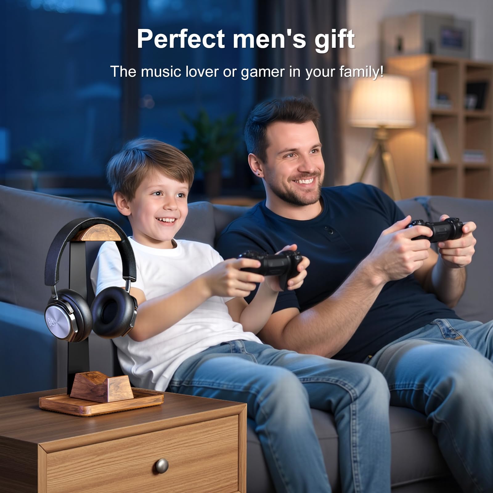 UPERGO Support de casque avec support de manette de jeu, support de casque en bois de noyer avec base de rangement, accessoires d'équipement de jeu pour bureau