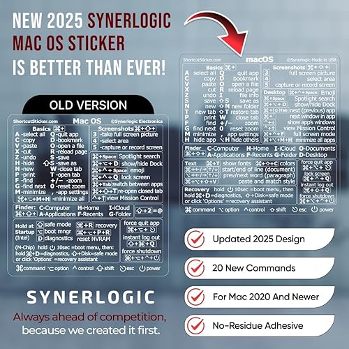 Vista 34 de Synerlogic (5 unidades) Pegatina de atajos de Mac OS, calcomanías de teclado para macOS, vinilo laminado sin residuos, hoja de trucos para MacBook