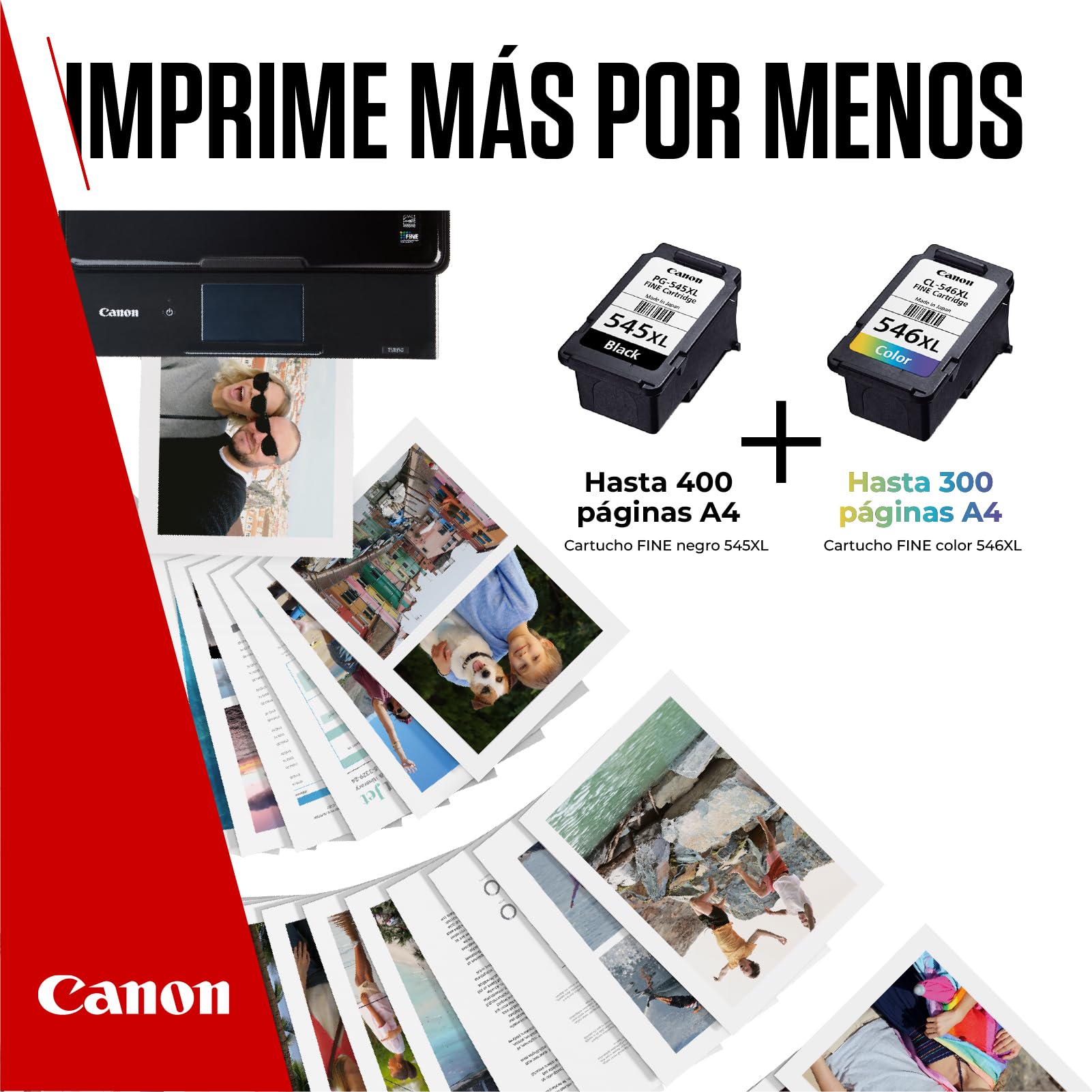 Canon PG-545XL + CL-546XL, Cartuchos de Tinta Original, Cartucho de Tinta Independiente en Color Negro y Cartucho Multicolor, Incluye 50 Hojas Papel Fotográfico 4 x 6, Compatible con Impresoras PIXMA