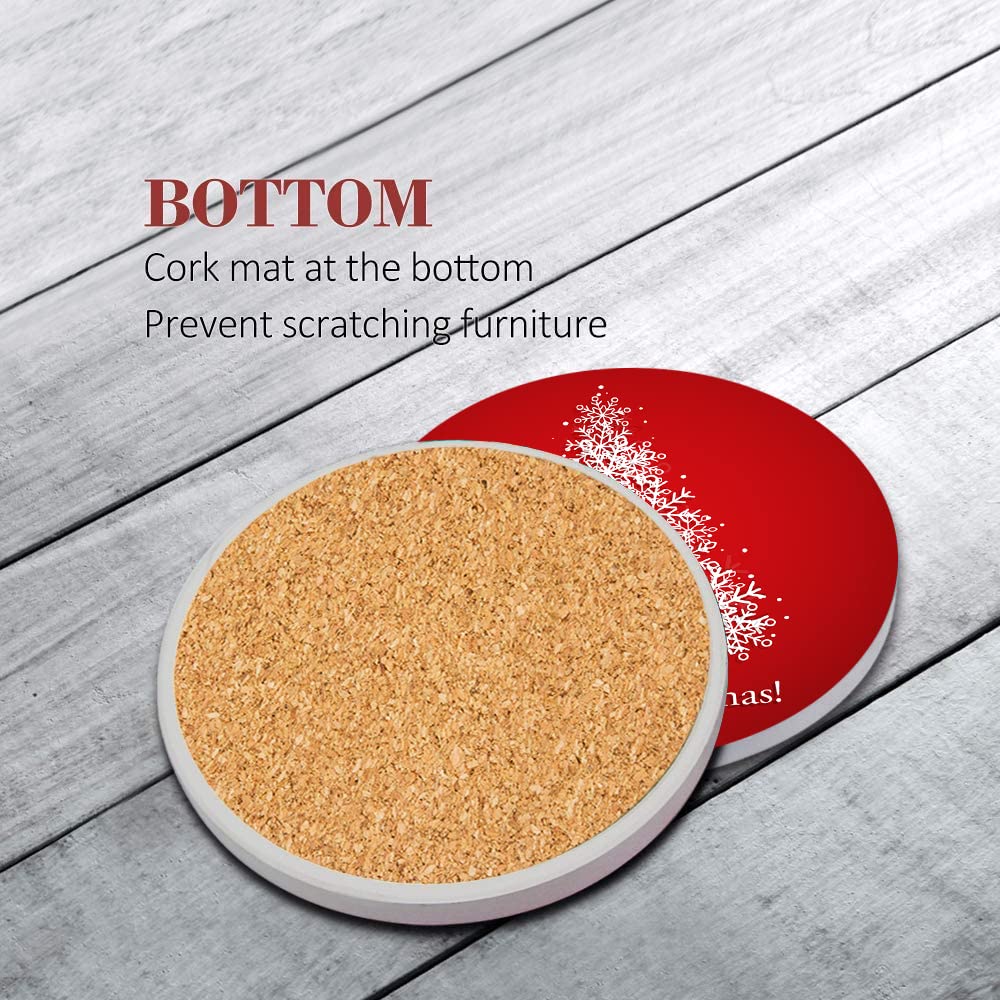Britimes Christmas Table Coaster, Set of 6, Red Christmas Tree Snowflakes Abstract Absorbent Round Stone Drink Mat, with Cork Base and Metal Holder, Gift for Housewarming Room Bar Decor