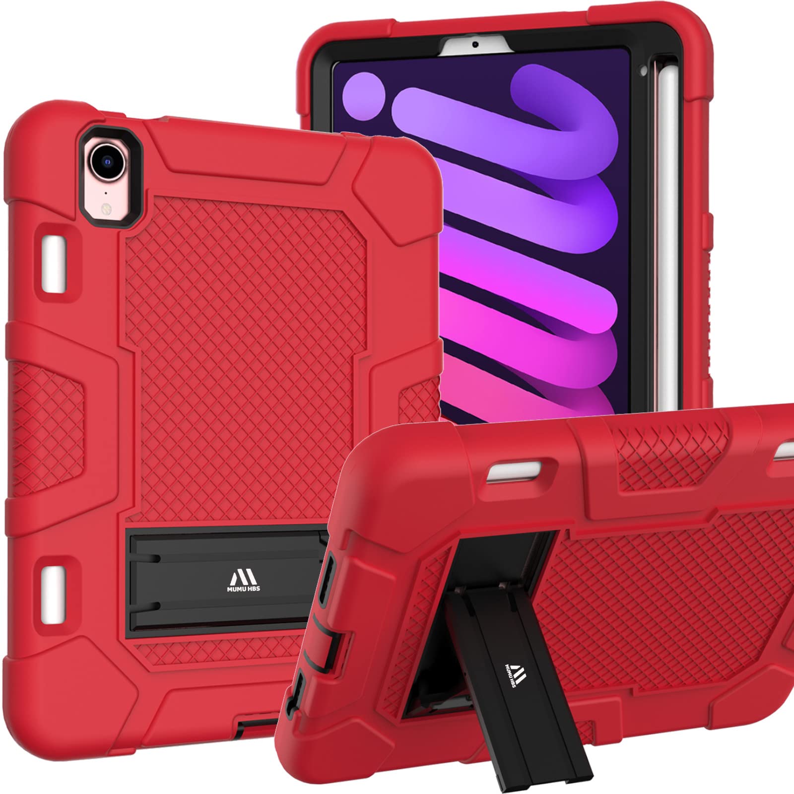 MUMU HBS 3-Ply Slim Heavy Duty Shockproof Rugged Case with Built-in Kickstand common to iPad Mini 6 (8.3-Inch, 2021 6th Generation) Kids Tablet-red