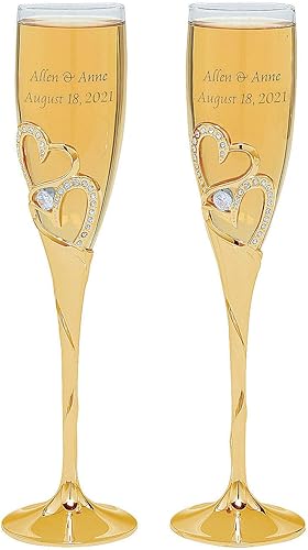 Fun Express Flautas de boda personalizadas prémium con corazón apilado dorado - Decoración para el hogar