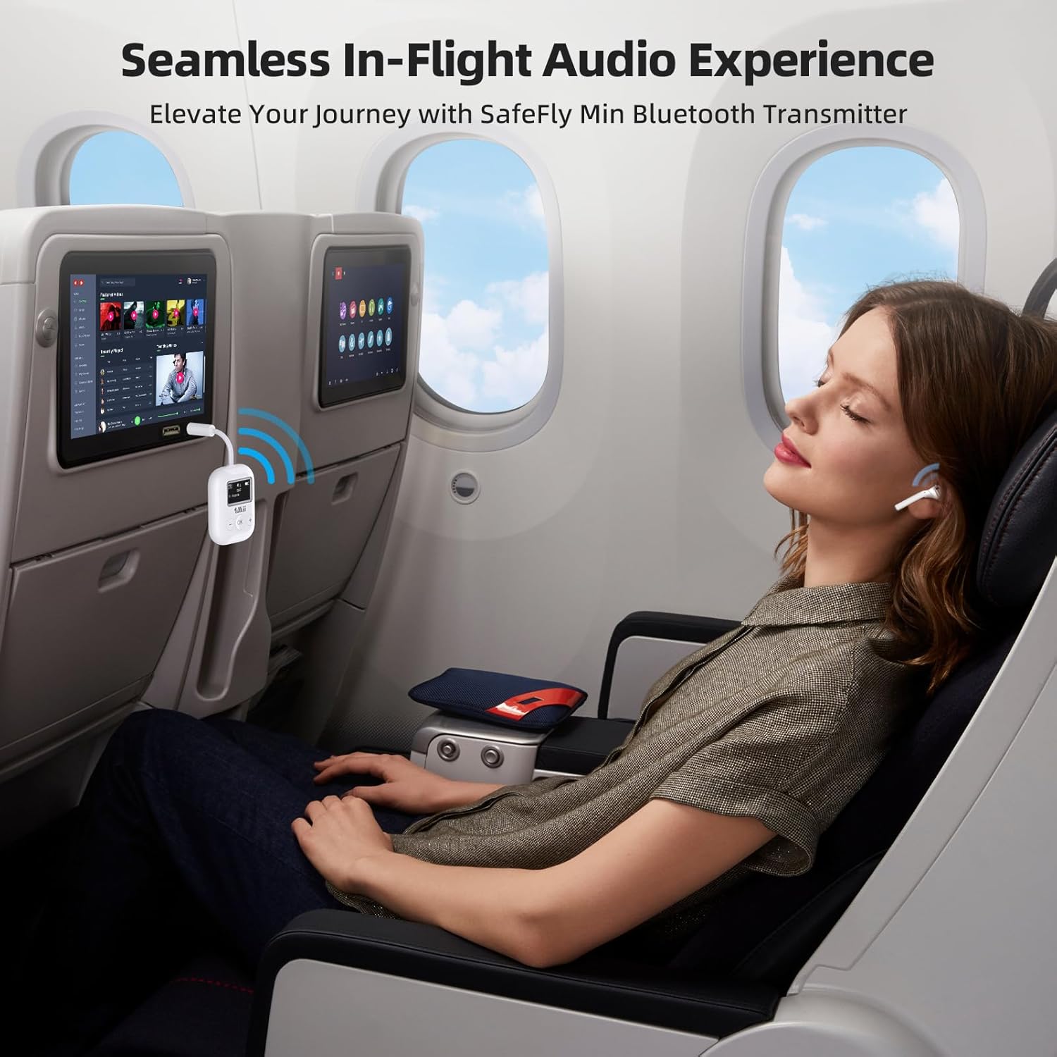 Person using the 1Mii SafeFly Min Bluetooth Transmitter with an in-flight entertainment system, showing wireless audio connection.