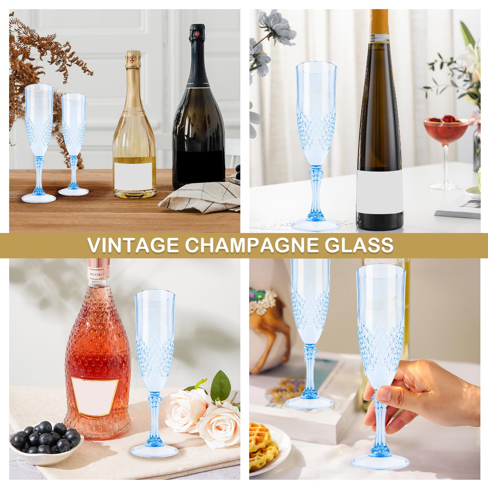 12 copas de champán de plástico con fondo plano, reutilizables, para bodas, aniversarios, cumpleaños, despedidas de soltera, copas de vino o cóctel, regalo (azul)