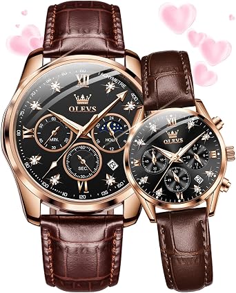 OLEVS Valentines Couple Pair Watches His and Her Couple Set Leather Chronograph Diamond Wrist Watch Men Women Lovers Wedding Romantic Gifts Set of 2
