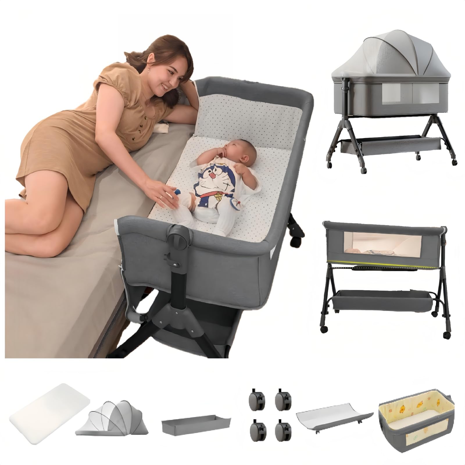 Lit Cododo Bebe avec Musique, Berceau bébé Pliable et Convertible, Lit Nouveau-Né Réglable avec Matelas et roulettes (Gris)