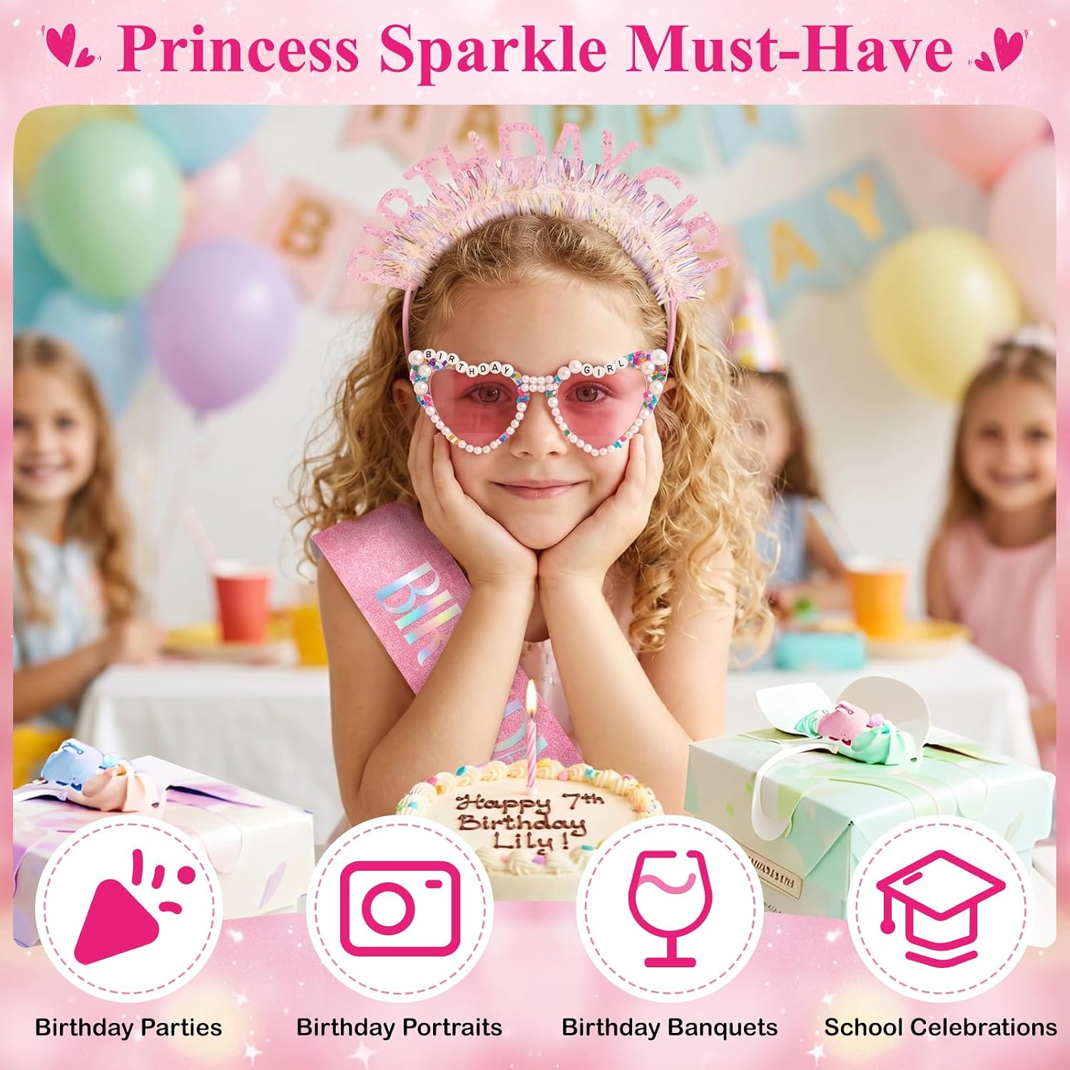 Erythem Birthday Girl Sash Sunglasses and Headband Accessories Set, 3Pcs image 2