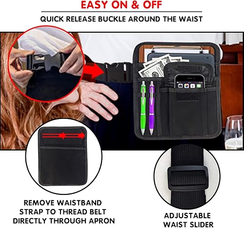 Miniatura 5 de Delantal de camarera delantal para servidor, bolsa de restaurante, cintura para dinero, con bolsillos, soporte para tableta y hebilla de cinturón