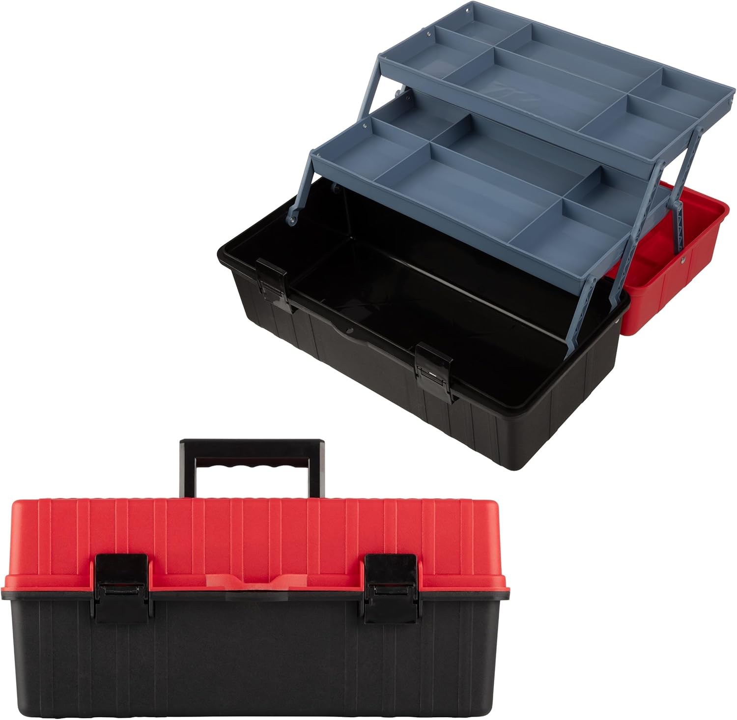 Plastic Tool Box Organizer - 15.94-Inch 3-Tier Portable Toolbox or Tackle Box Organizer with Handle for Tools, Craft Storage, Hobby Supplies or Art Bin by Stalwart (Red)
