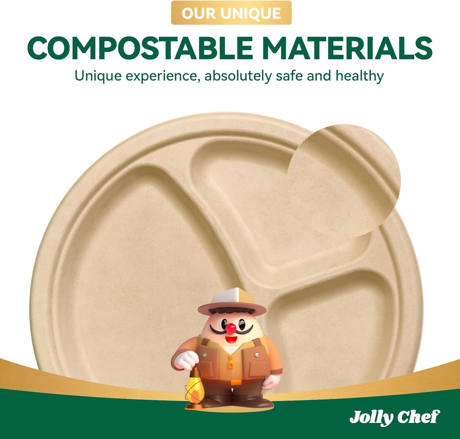 JOLLY CHEF Compostable 𝟯 Compartment Paper Plates 𝟭𝟬 𝗜𝗻𝗰𝗵 [𝟭𝟮𝟱 𝗣𝗮𝗰𝗸] Heavy Duty Divided Disposable Eco-Friendly Bagasse Biodegradable Round Trays for Party Dinner Lunch Christmas (Brown) - Image 6