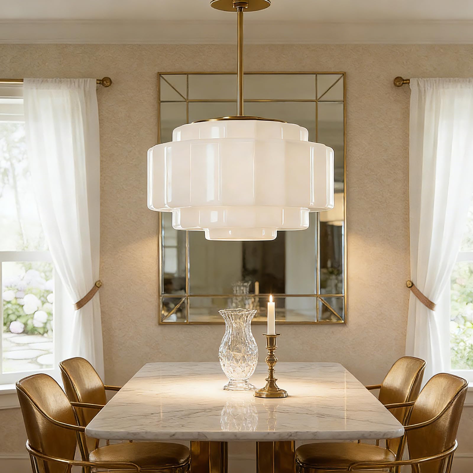 Photo 1 of Bofea Vintage Gold Milk Glass Pendant Light Fixture 15.7"