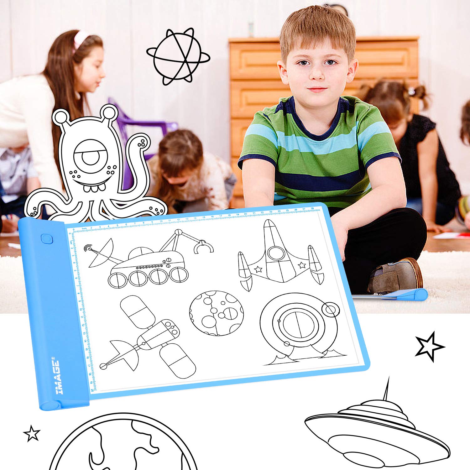 IMAGE Tableau lumineux pour le traçage, planche lumineuse, tablette de dessin, planche à colorier pour les enfants, filles et garçons (comprend 10 feuilles traçables et deux clips) (Bleu)