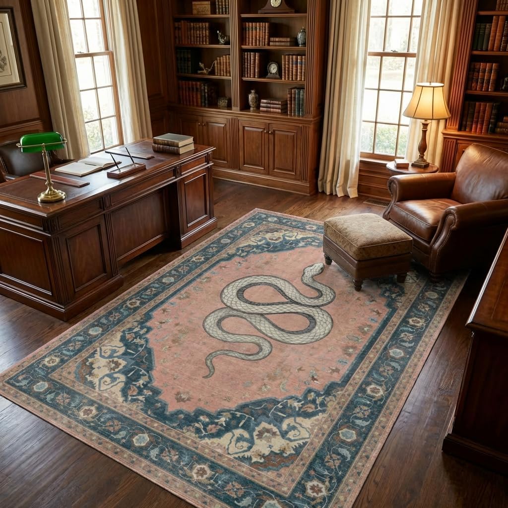 5x7 Area Rug Vintage Bohemian Snake Motif Rug with Non Slip Backing, Washable Low Pile Dusty Pink Navy Blue Carpet for Bedroom, Living Room, Home Office, Eclectic Decor