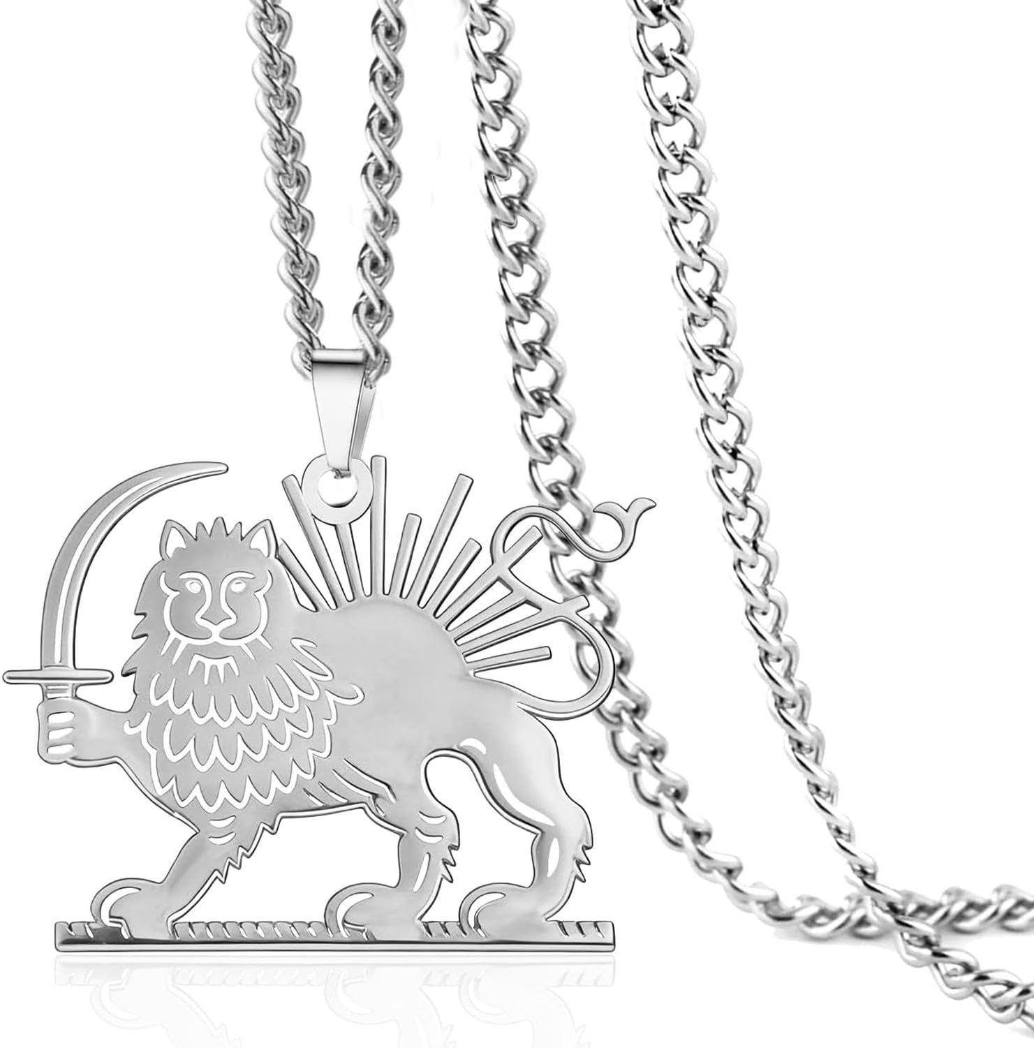 GYFGRTQ Steel Necklace Lion and Sun Pendant Shir Khorshid Persian Jewelry Ancient Iranian Pendant, Silver