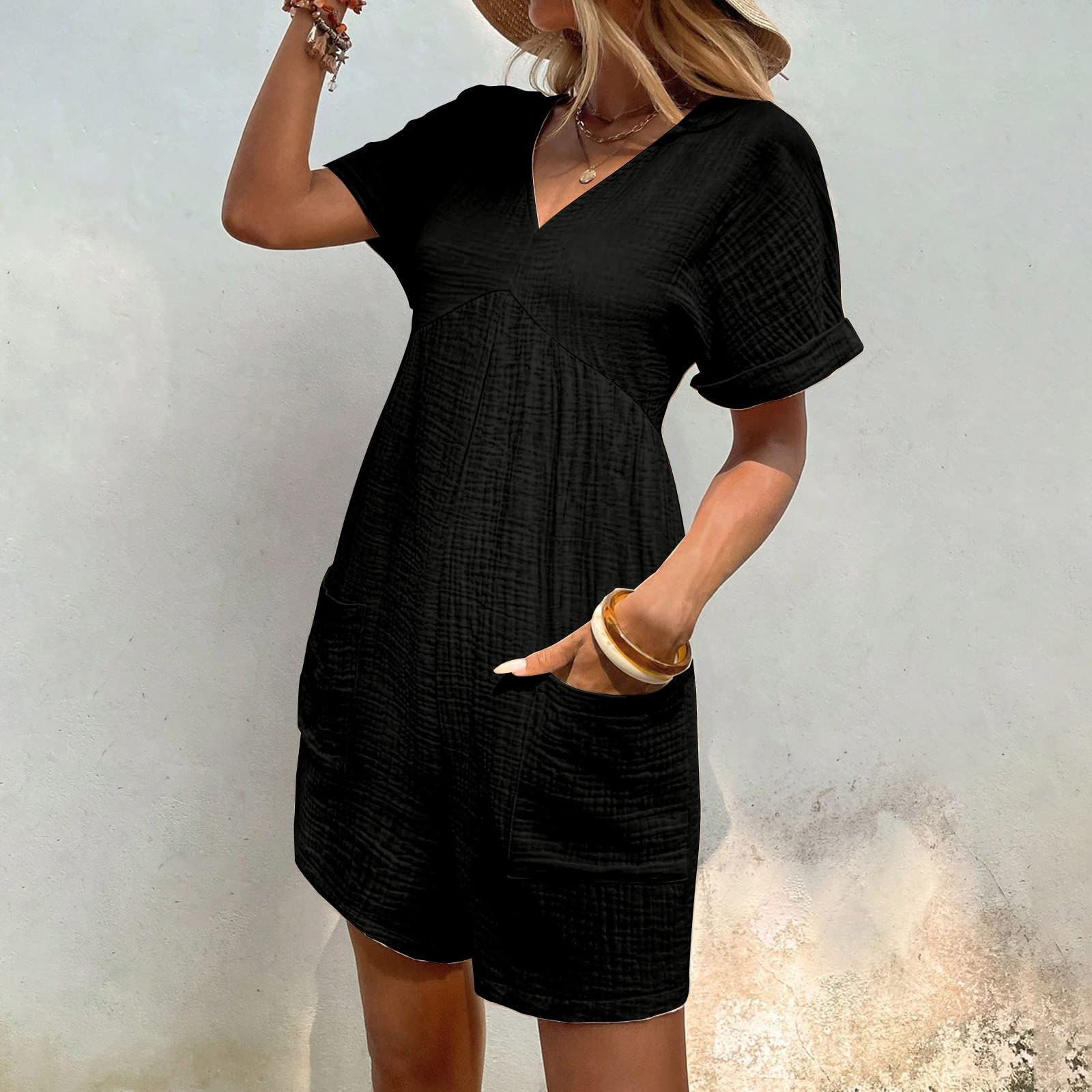 Tuta corta da donna in lino, scollo a V, a maniche corte, con | tasche, tinta unita, elasticizzato, elegante, ampio, tuta estiva leggera e ariosa, per l'uso quotidiano e l'ufficio