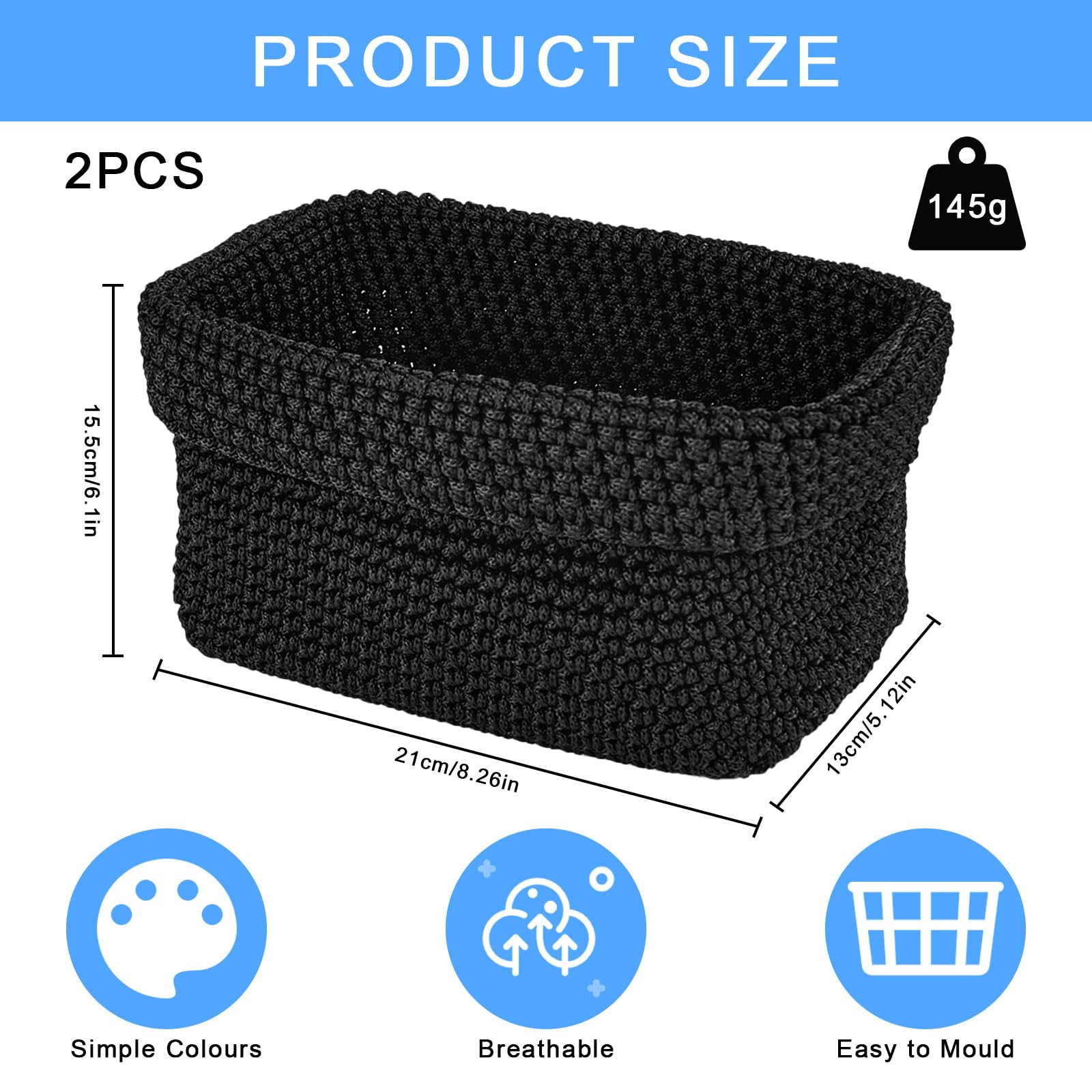 2 Paniers Tressés Noirs En Corde De Coton - 21x13x15,5 Cm - Rangement Déco Pour Maison