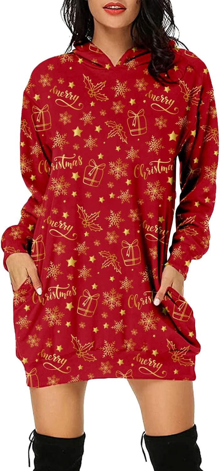 JJHAEVDY  Women Christmas Hoodies Dress Long Sleeve Hooded Tunic Oversized Sweatshirt Pockets Pullover Jumper : Sports & Outdoors
