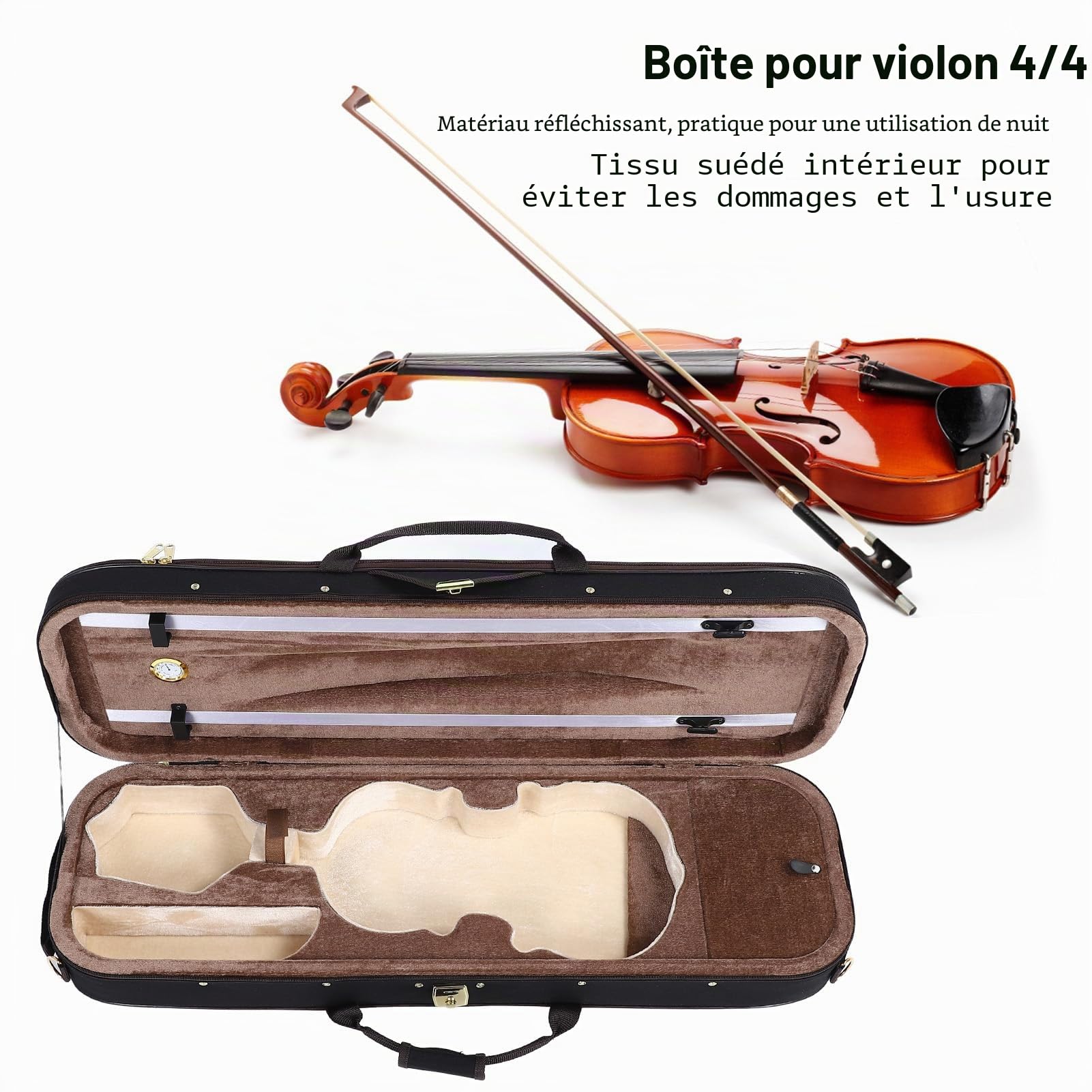Étui de violon 4/4, étui de violon professionnel avec hygromètre, étui de protection de violon portable avec courroies d'épaule pour les débutants, les étudiants et les violonistes