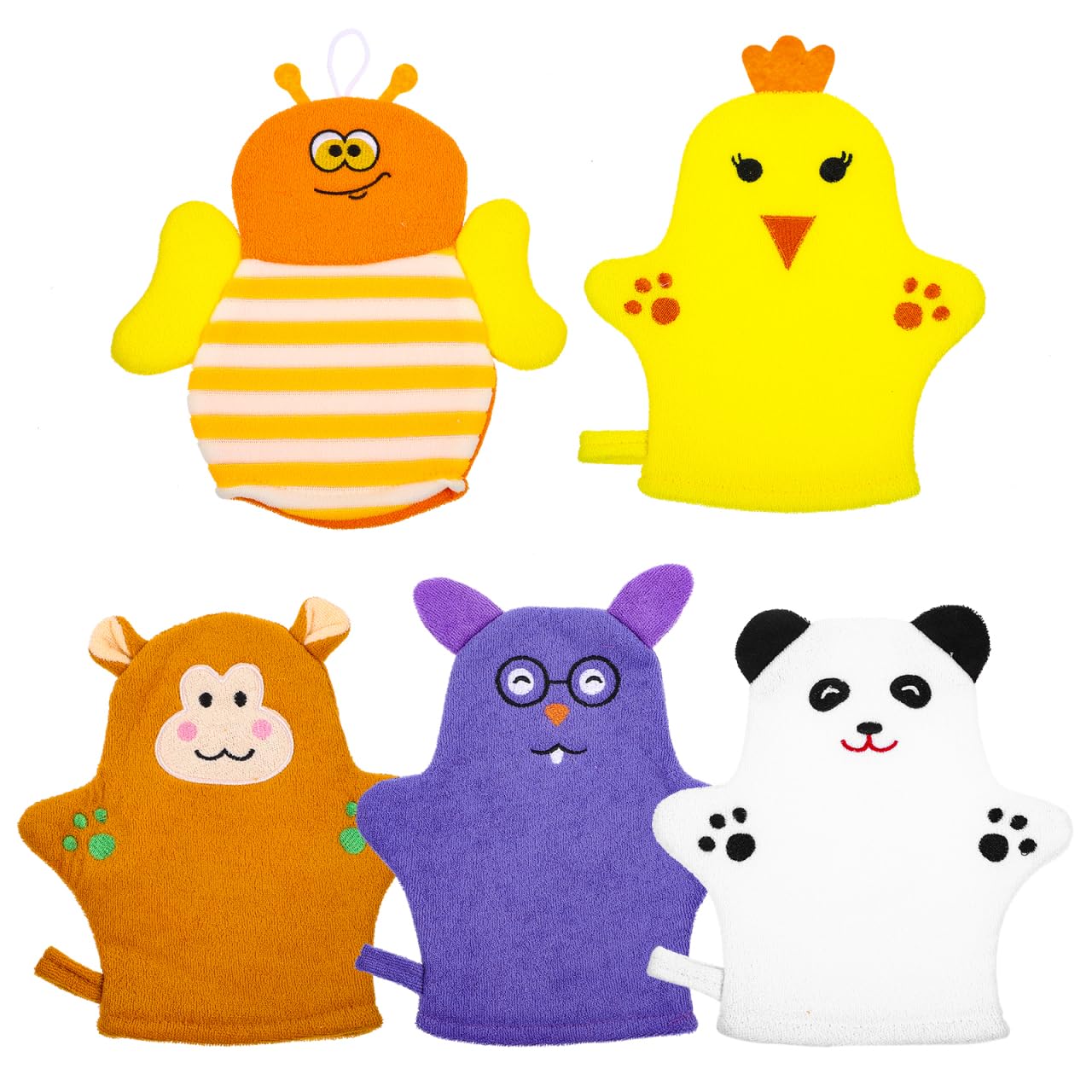GATHINESS Cotton Bath Mitts 5Pcs Gentle Exfoliating Wash Gloves with Cartoon Design for Bath