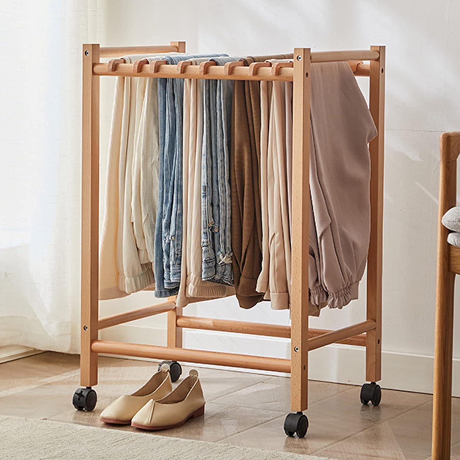 Trousers Hangers, Multi-Bar Solid Wood Pants Hanger Wrinkle Free Hangers for Trousers with Universal Wheels, Clothes Rail Heavy Duty for Pants Jeans Scarf Trousers,Wood,70CM 12 Trouser Hooks