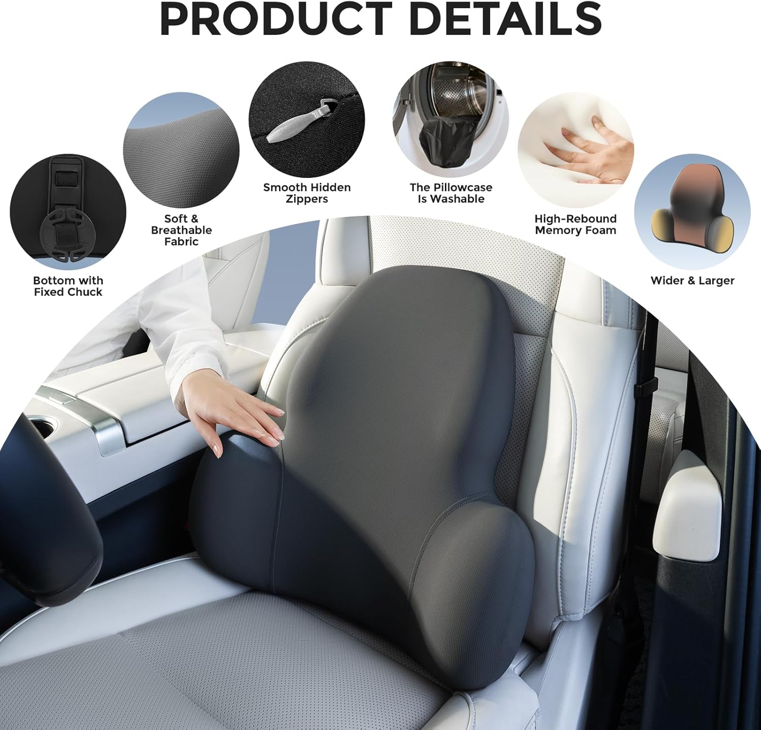 Lumbar Support Pillow with Fixed Chuck | Ergonomic Memory Foam Cushion | Washable Cover | Back Pain Relief & Posture Improvement | Fits Car/Office/Gaming Chairs/Wheelchairs & Home - Image 6