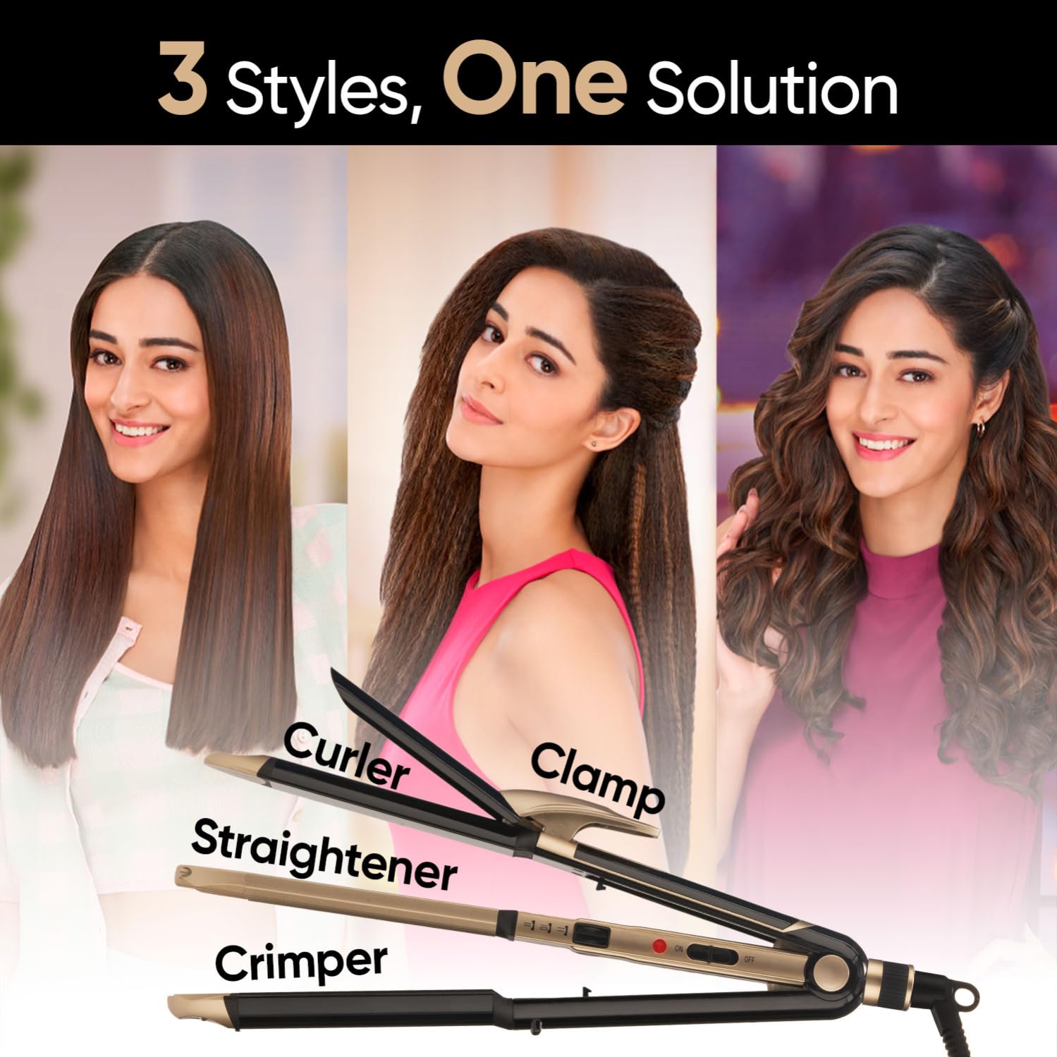 Vega 3 in 1 Hair Styler for Women, (India's No.1* Hair Styler Appliance Brand) Straightener, Curler and Crimper, Suitable for All Hair Types, Gold-Black (VHSCC-01) 6 71g2DH8KvIL. SL1499