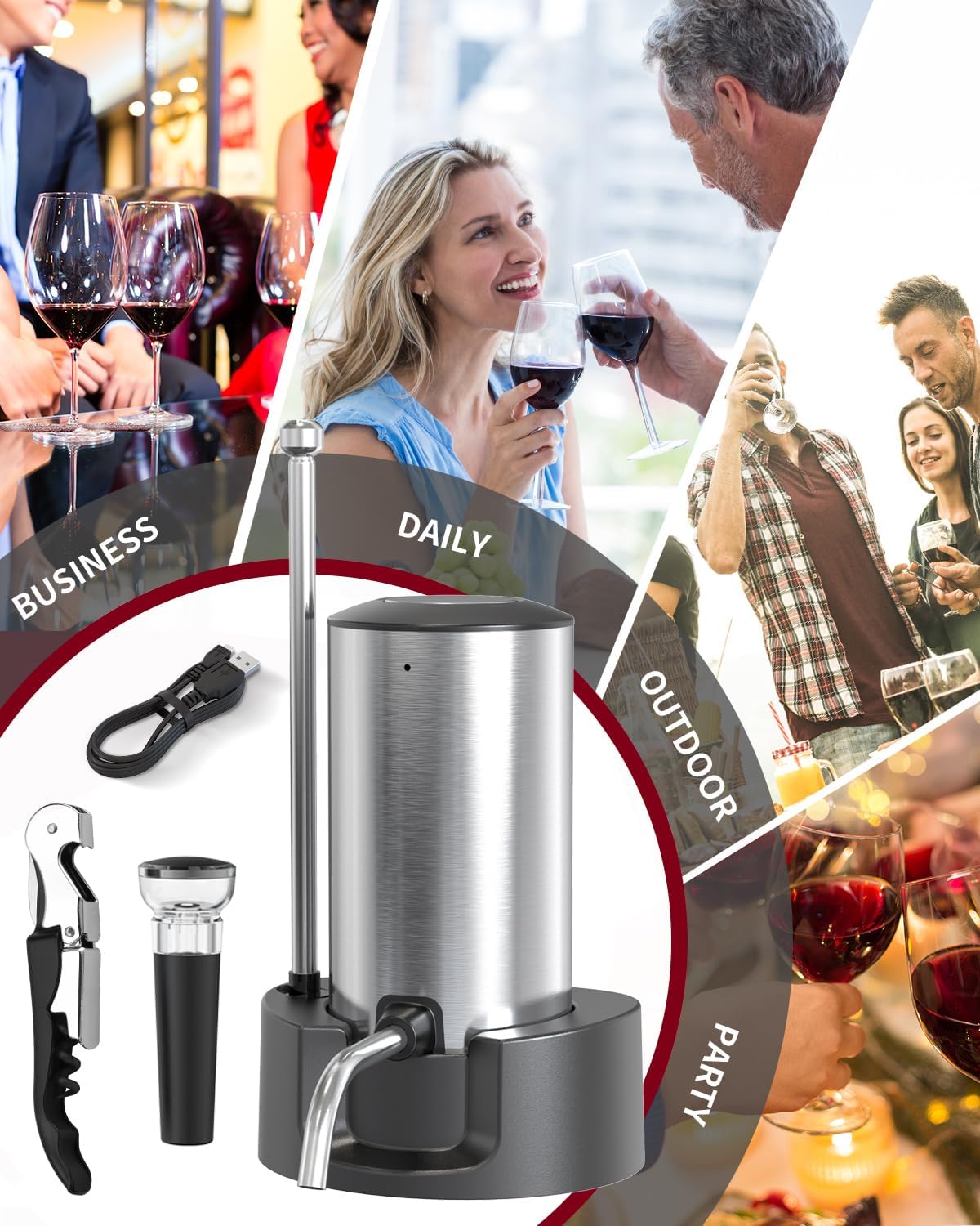 Juego de Decantador de Vino Eléctrico, Decantador de Vino Recargable de Un Solo Toque con Abridor de Vino Eléctrico, Para Amantes del Vino