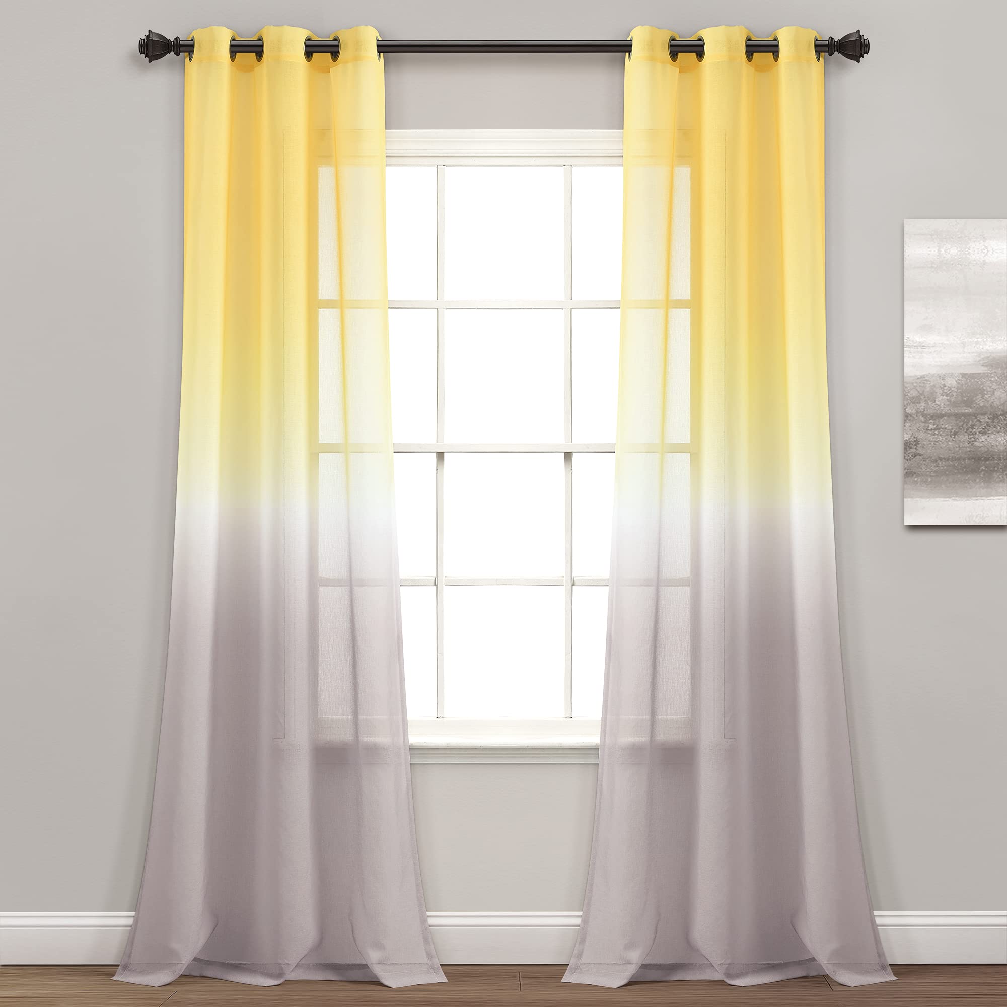Lush Decor Umbre Fiesta Sheer Window Curtain Panel Pair, 84" Long x 38" Wide, Yellow & Gray