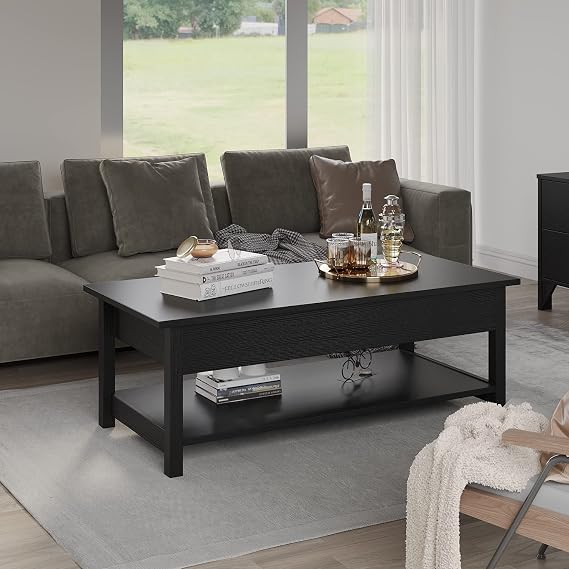 Panana Lift Top Coffee Table with Hidden Compartment and Open Shelf, Lift Tabletop Pop-Up Tea Table for Living Room, 45.28 L, Black
