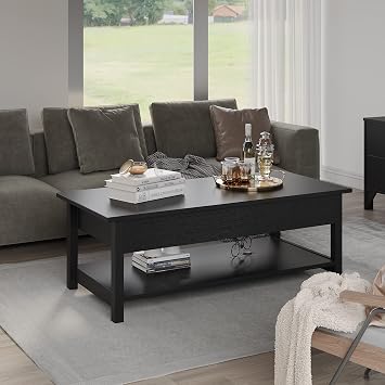 Panana Lift Top Coffee Table with Hidden Compartment and Open Shelf, Lift Tabletop Pop-Up Tea Table for Living Room, 45.28 L, Black