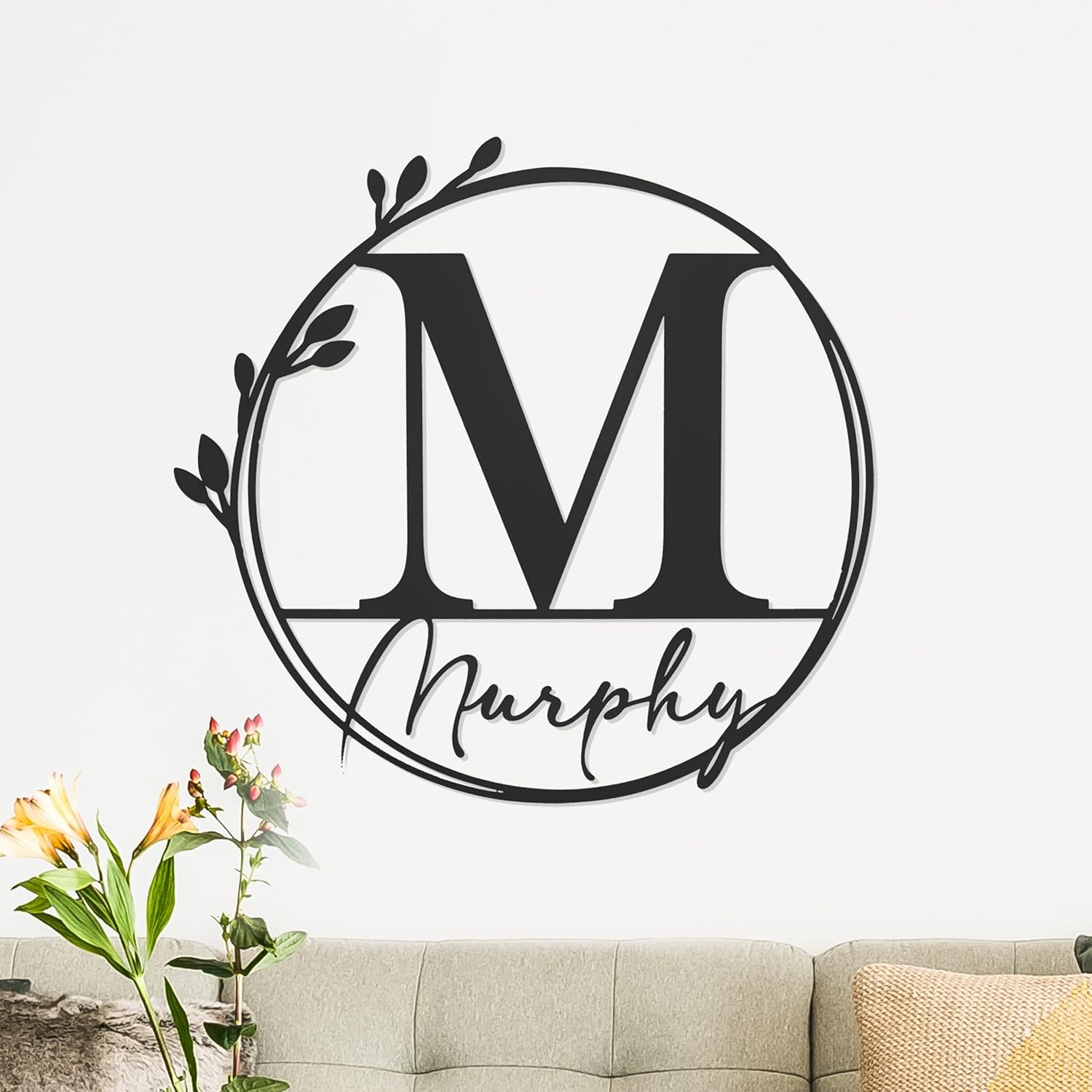 Floral Leaves Outdoor Monogram Wreath – 12 Inch Custom Family Name Sign, Personalized Metal Door Décor, Established Last Name Sign, Metal Monogram for Front Porch or Entryway