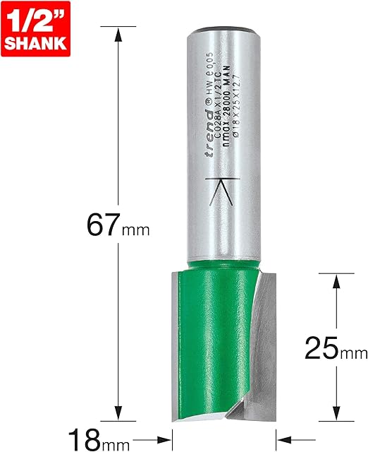 Trend Craft Pro 1/2" Shank Straight Router Cutter Bit - Ref: C028AX1/2TC; Diameter 18mm; Cutting Length 25mm; Tungsten Carbide Tipped