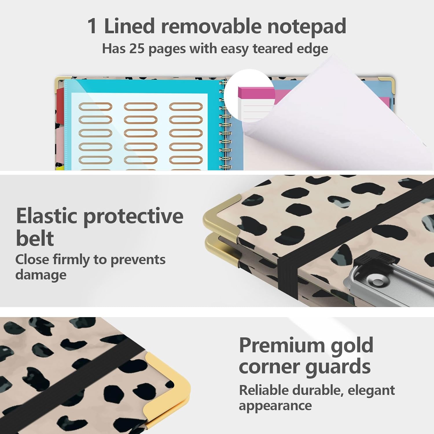 Clipboard Folio with Notepad for Letter Size (11" x 8.5"), 5 Extra Folders with Storage 10 Pockets, 39 File Folder Labels, Elastic Closure Spiral Clipboard with Storage(Cheetah Spots)