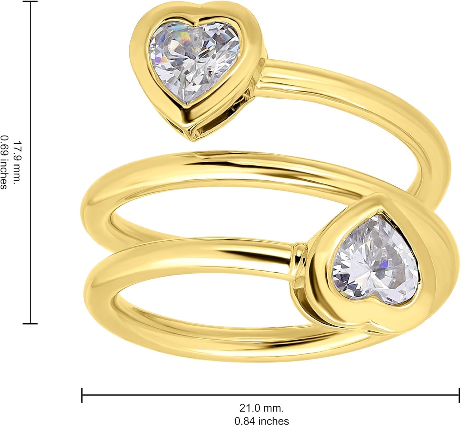 Hoops & Loops Yellow Gold Flashed Sterling Silver Cubic Zirconia Heart Two Stone Spiral Wrap Around Polished Statement Ring, Size 8