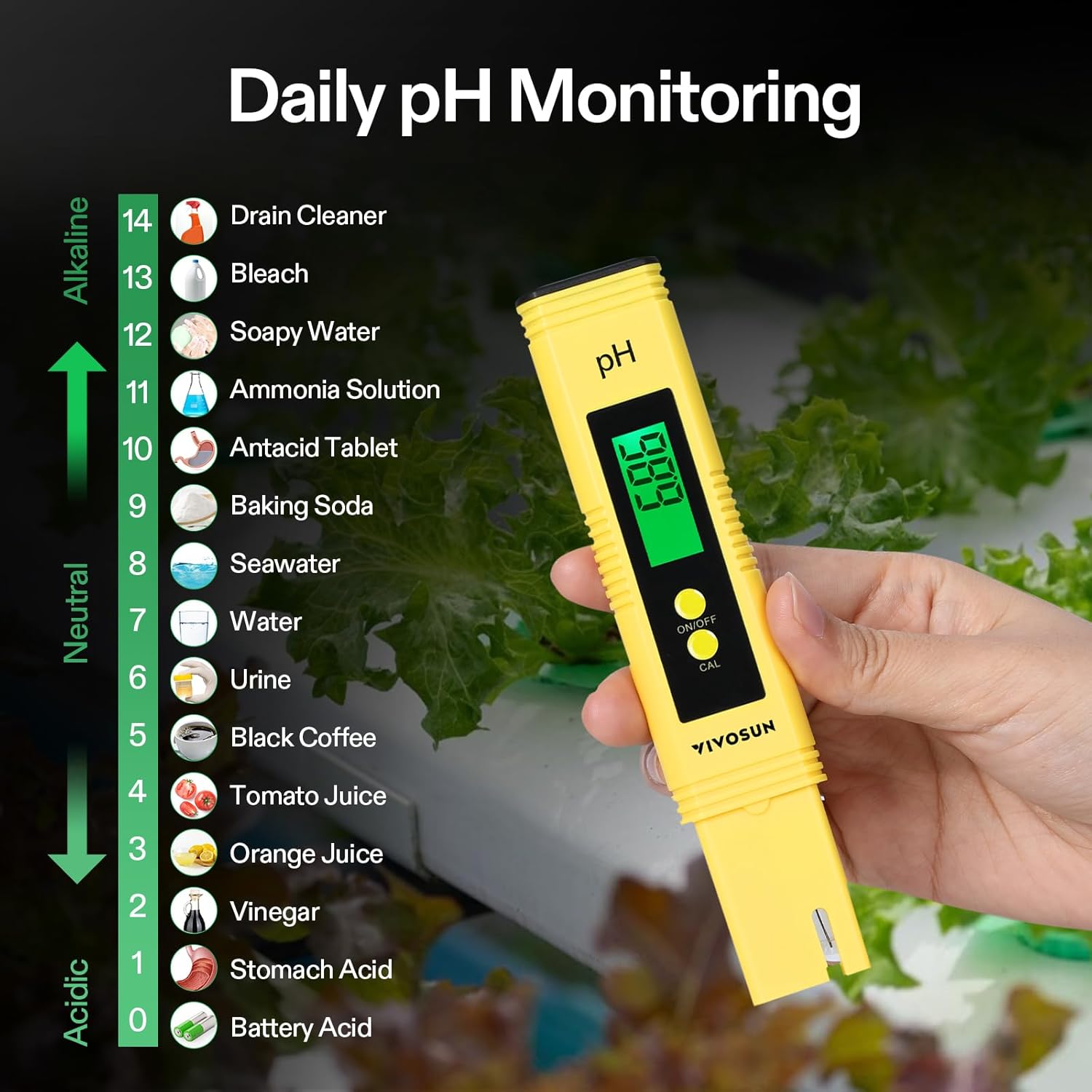 VIVOSUN Digital pH Meter showing daily pH monitoring examples