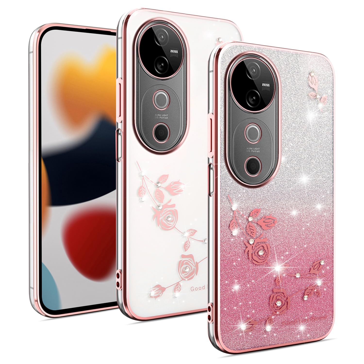 XINYEXIN Cover Glitter per Vivo 40 5G, Custodia Bling Brilla Ultrasottile Trasparente Antiurto, Carino Scintillante con Donne e Ragazze - Oro rosa