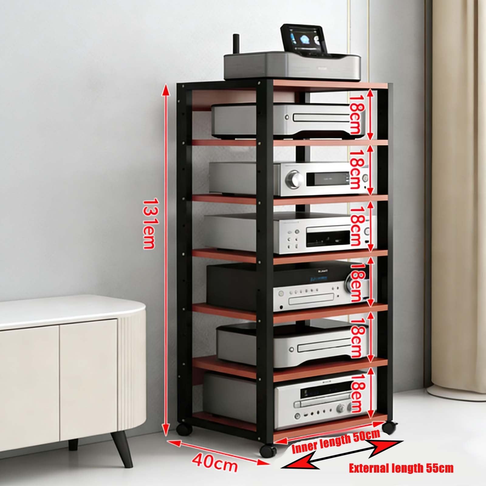 Stojak na sprzęt audiowizualny, stojak na sprzęt audio Hi-Fi, 7-poziomowy z kółkami, szafka na sprzęt stereo do salonu, pokoju gier i nagrań(Red)